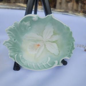 Vintage Ceramic Light Green Trinket with Beautiful Painted Orchid
